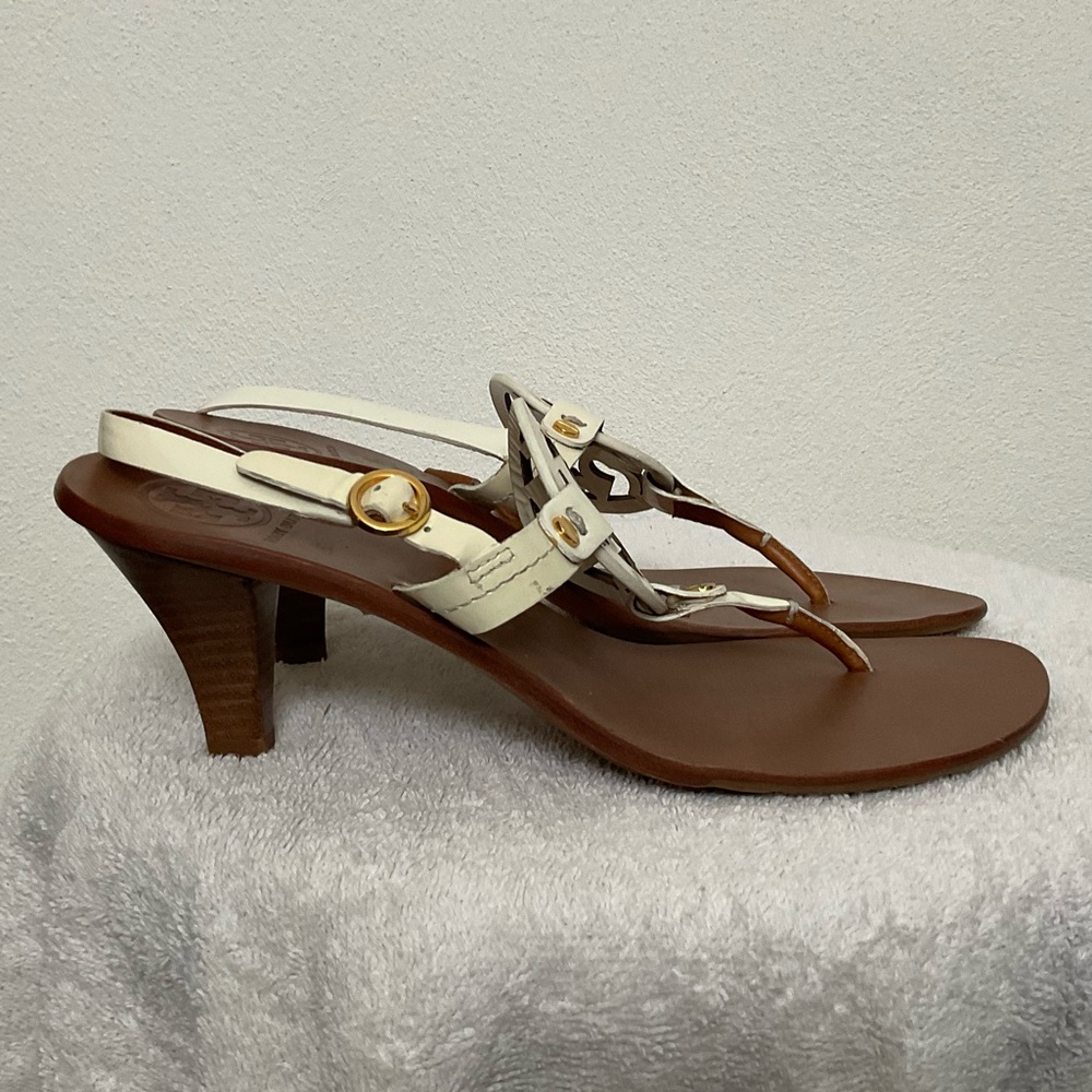Tory Burch Miller Holly Ivory Patent Slingback Heeled Sandal Size 8.5m Summer